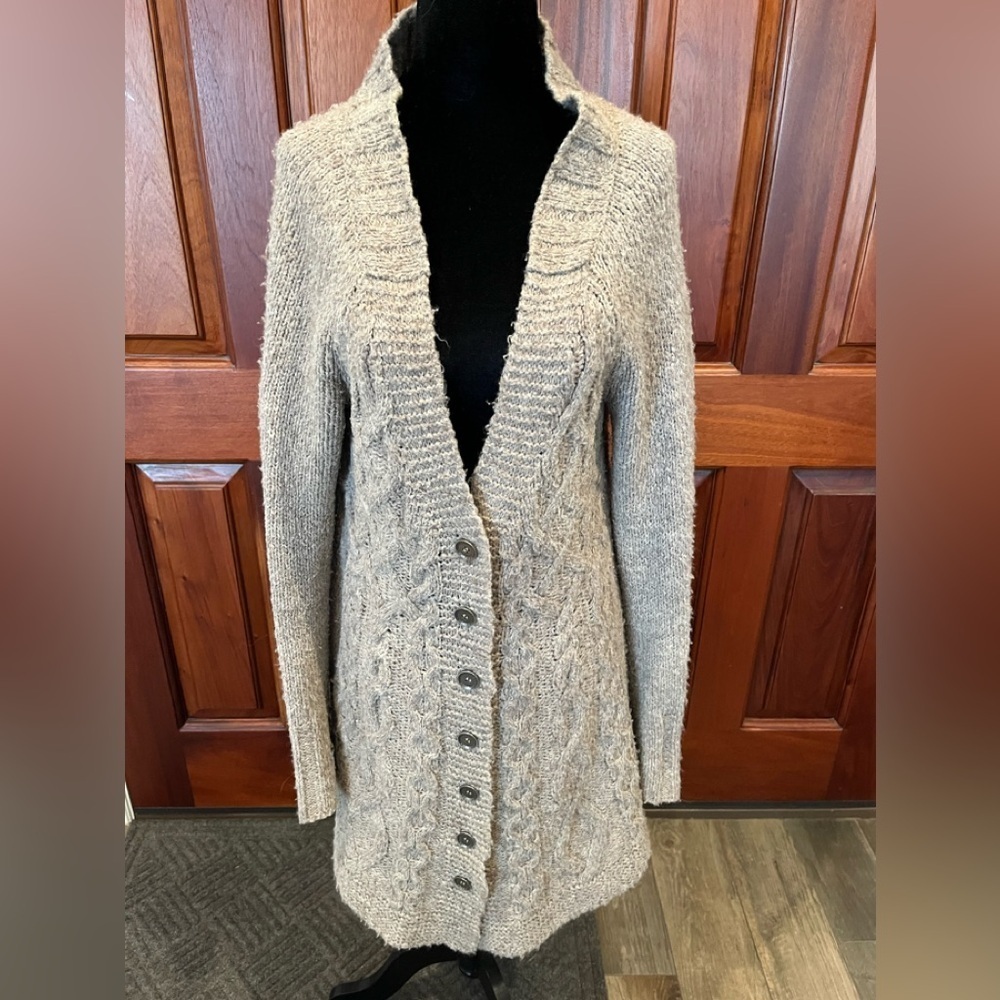Free People Cable Knit Long Chunky Cardigan Sweater Duster Flare Bottom Medium